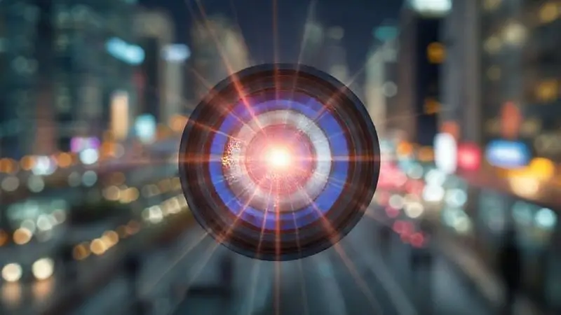 Render artístico de uma lente de câmera de smartphone, com raios de luz e um fundo bokeh, simbolizando a qualidade fotográfica e a análise da câmera.