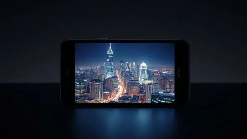 Ilustração digital de uma tela de celular projetando uma foto noturna vibrante e nítida, simbolizando a alta qualidade de imagem.