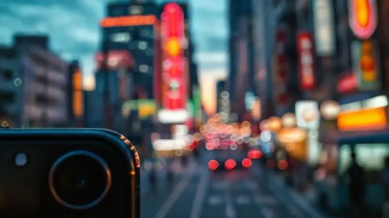 Fotografia de paisagem urbana ao anoitecer, com cores vivas e desfoque artístico, ilustrando a qualidade da câmera do 7 Plus.