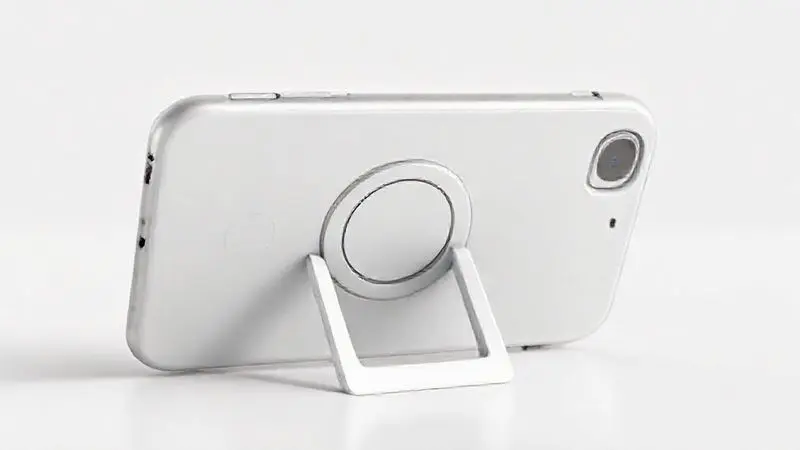 Render 3D de uma capinha com suporte (kickstand) desdobrado e anel magnético integrado (MagSafe) para recursos extras.