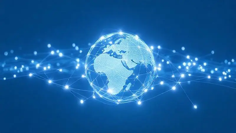 Renderização 3D de uma rede de conectividade global (Wi-Fi, 4G/5G) envolvendo um globo abstrato com linhas de luz.
