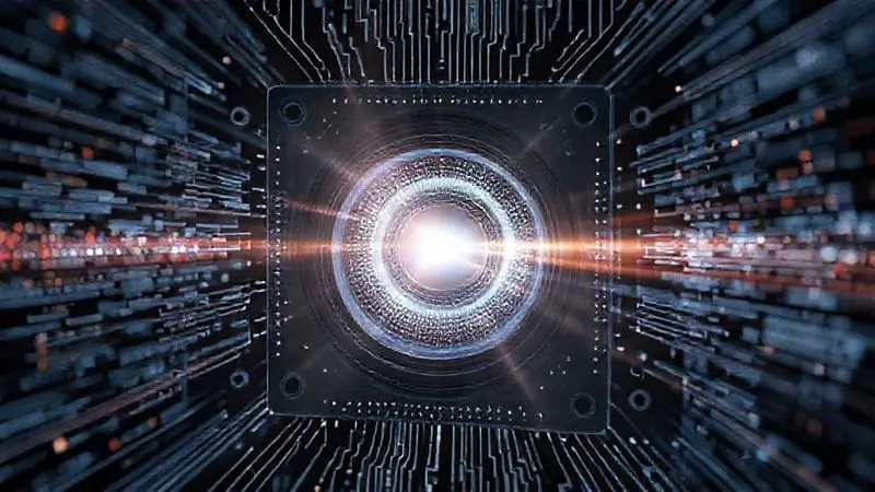 Render 3D conceitual de um sensor de câmera avançado, representando a fotografia computacional e a qualidade da imagem.