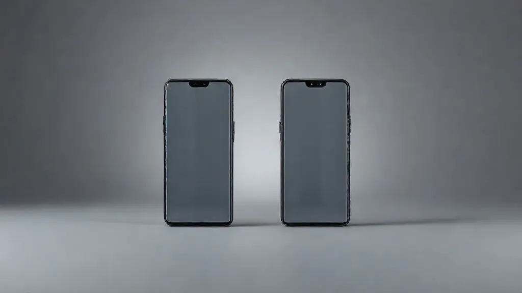 Dois smartphones modernos, um representando a Samsung e outro o iPhone, lado a lado em um fundo neutro, simbolizando a escolha entre as duas marcas.