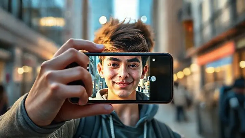 Selfie perfeita capturada em ambiente urbano bem iluminado, demonstrando a qualidade da câmera frontal em condições ideais.