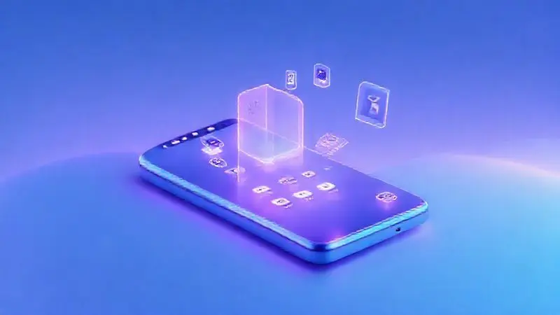 Ilustração conceitual do sistema operacional de um smartphone, com ícones de aplicativos e widgets flutuando em um ambiente 3D para representar a interface.