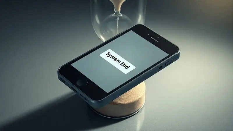 Ilustração conceitual de um smartphone antigo sobre uma ampulheta, simbolizando o fim do ciclo de suporte e obsolescência.