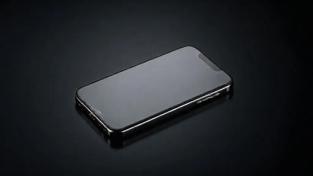 Fotografia profissional de um smartphone premium, similar ao iPhone XS Max, em uma superfície escura e refletora, destacando a tela OLED e a moldura de aço.