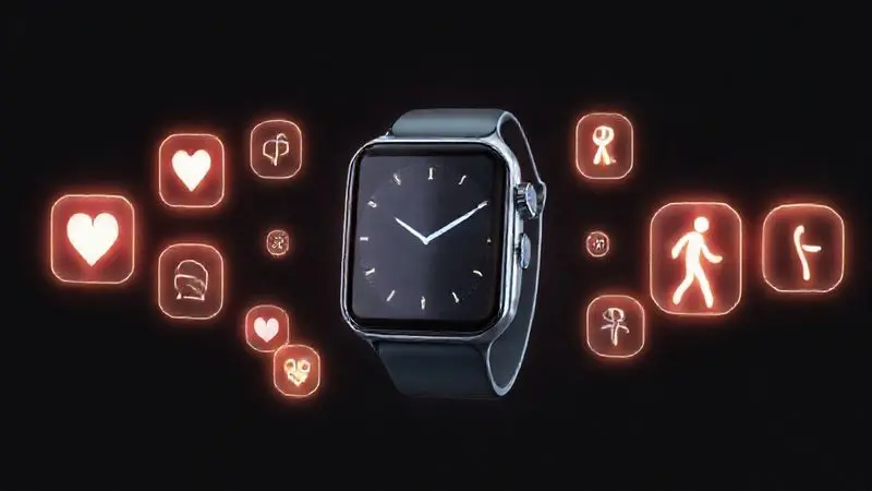Ilustração de um smartwatch completo com vários ícones de funcionalidades como saúde, GPS e música ao seu redor.