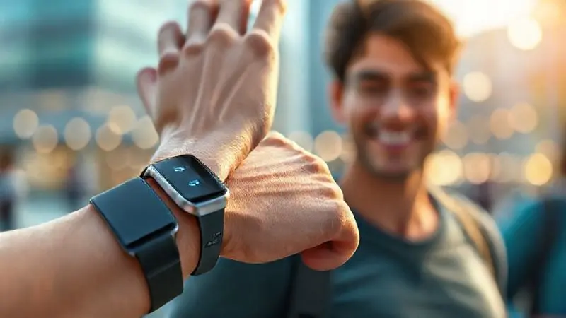 Renderização artística de um usuário satisfeito olhando seu smartwatch no pulso em um ambiente urbano.