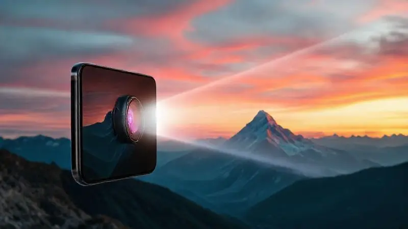 Ilustração digital de uma câmera de celular com zoom óptico de 5x, focando nitidamente em uma montanha distante ao entardecer.